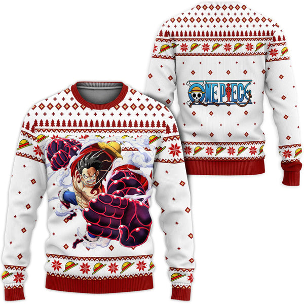 Divesart - Luffy Gear 4 Punainen ja valkoinen Ugly Joulupaita ja -huppari Yksiosaiset Anime-joululahjat